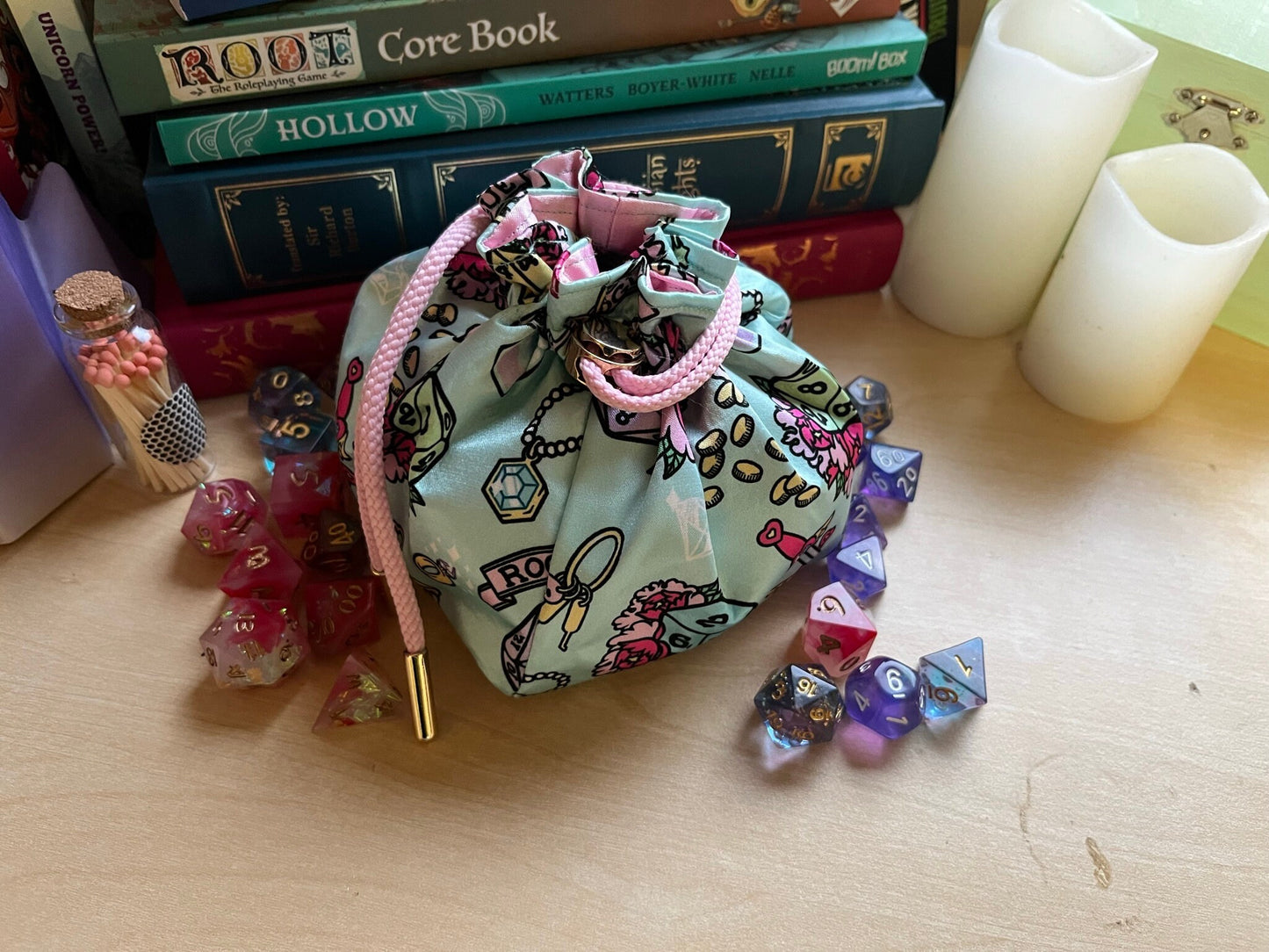 Handmade Dice Bag ROGUE Magical Girl for DnD, Pathfinder and TTRPGs - Made with my own Fabric Designs
