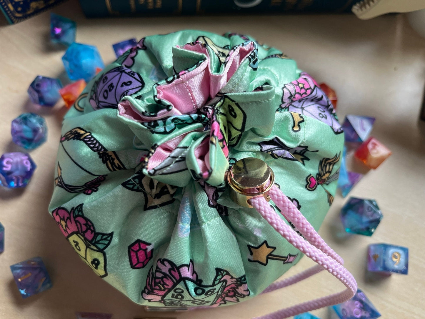 Handmade Dice Bag NON CLASS Magical Girl Style for DnD, Pathfinder and TTRPGs - Made with my own Fabric Designs