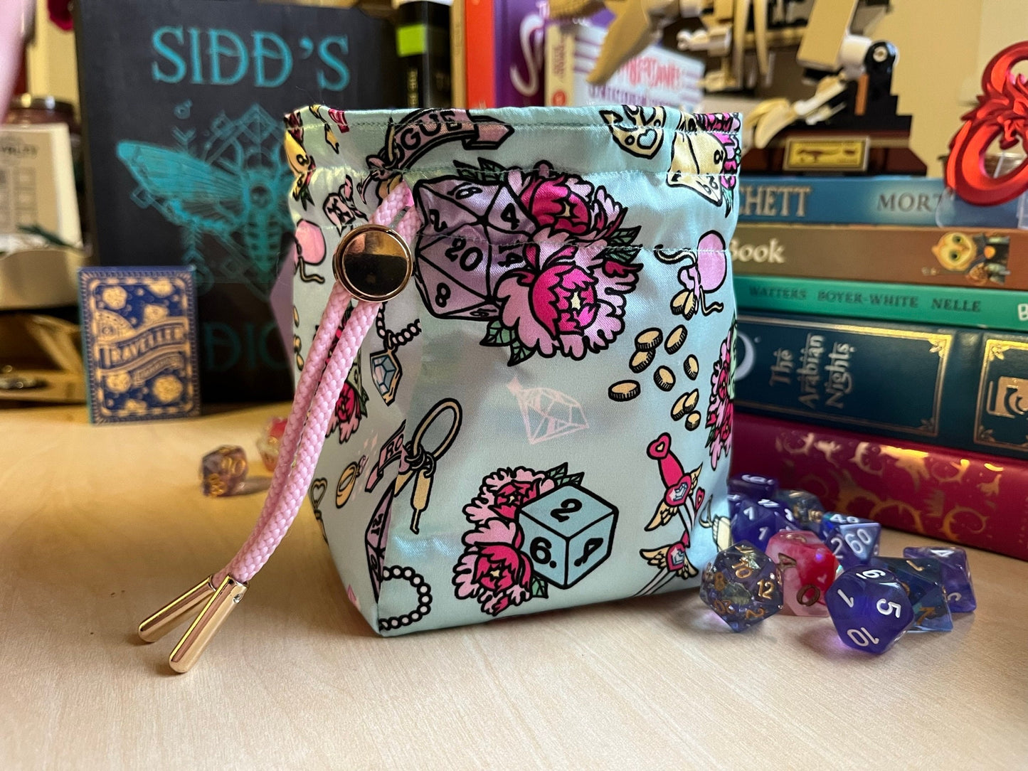 Handmade Dice Bag ROGUE Magical Girl for DnD, Pathfinder and TTRPGs - Made with my own Fabric Designs