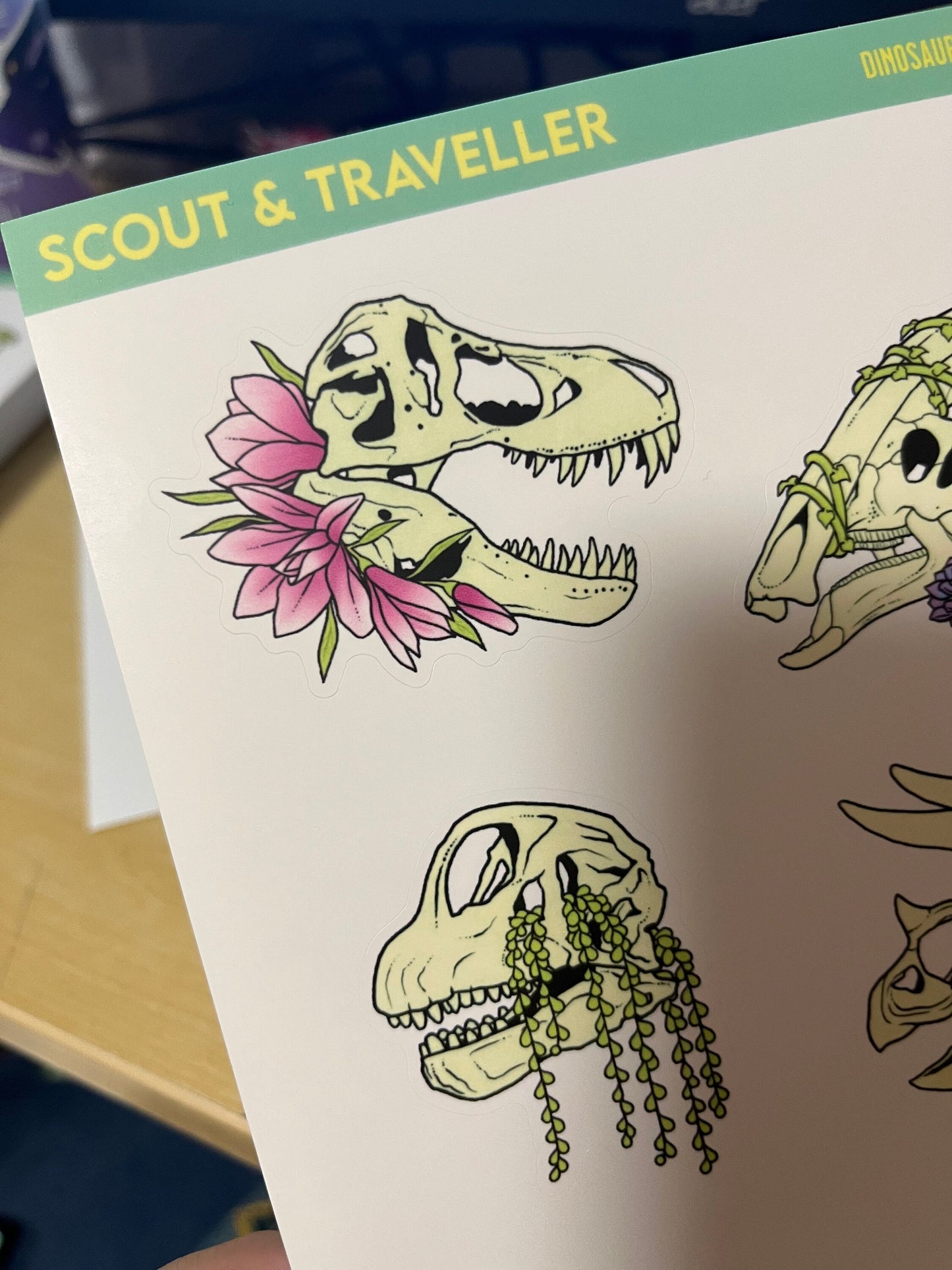 A5 Dinosaur Skull and flower sticker sheet