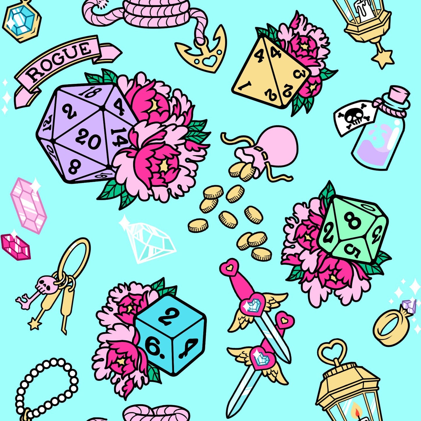 Handmade Dice Bag ROGUE Magical Girl for DnD, Pathfinder and TTRPGs - Made with my own Fabric Designs