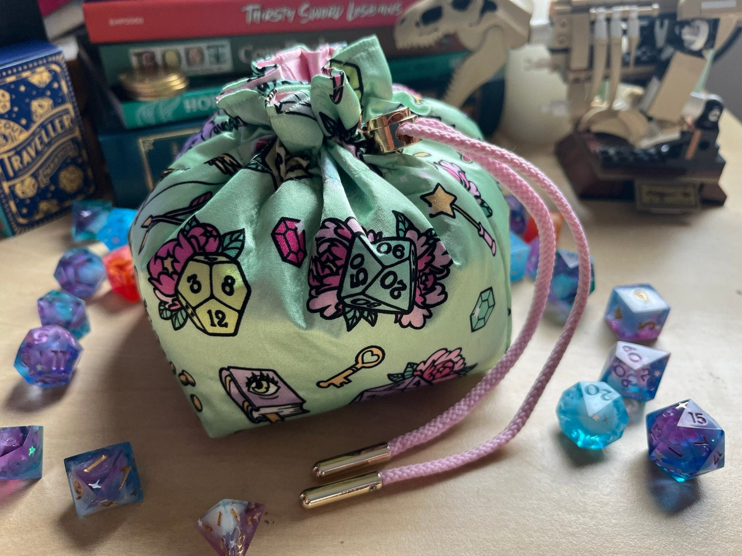 Handmade Dice Bag NON CLASS Magical Girl Style for DnD, Pathfinder and TTRPGs - Made with my own Fabric Designs