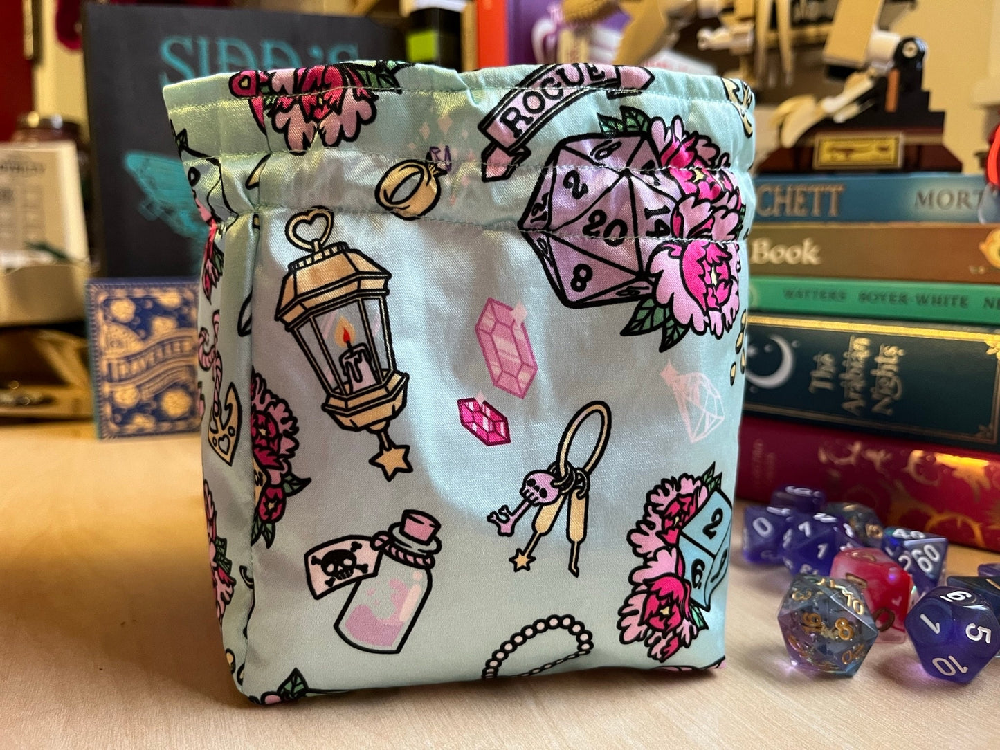 Handmade Dice Bag ROGUE Magical Girl for DnD, Pathfinder and TTRPGs - Made with my own Fabric Designs