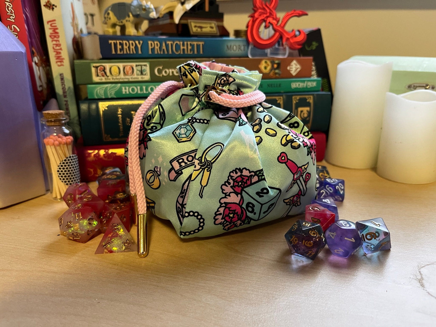 Handmade Dice Bag ROGUE Magical Girl for DnD, Pathfinder and TTRPGs - Made with my own Fabric Designs